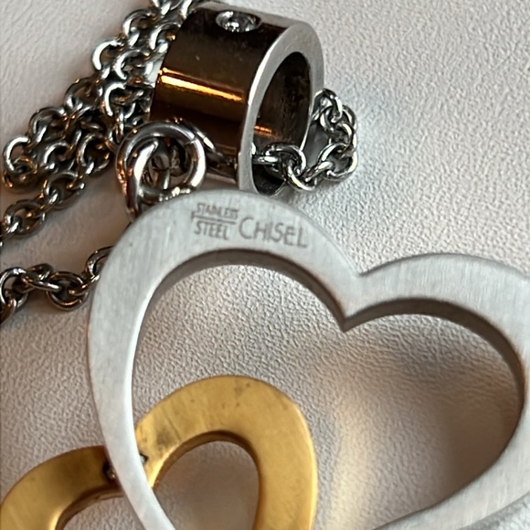 ⭐️ Chisel Stainless Steel, Gold Tone and CZ Double Heart Necklace - 22 Inch - Picture 4 of 9